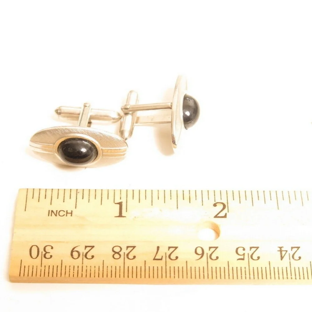 Vintage‎ Swank Mens Silver Tone Black Cabochon Oval Cufflinks Mid Century Modern